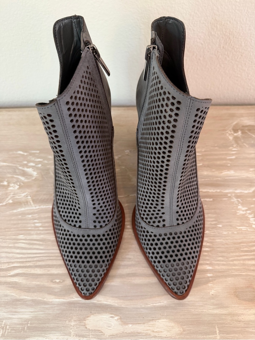 Vince Camuto Women’s Perforated Pointed-Toe Ankle Boots — Gray